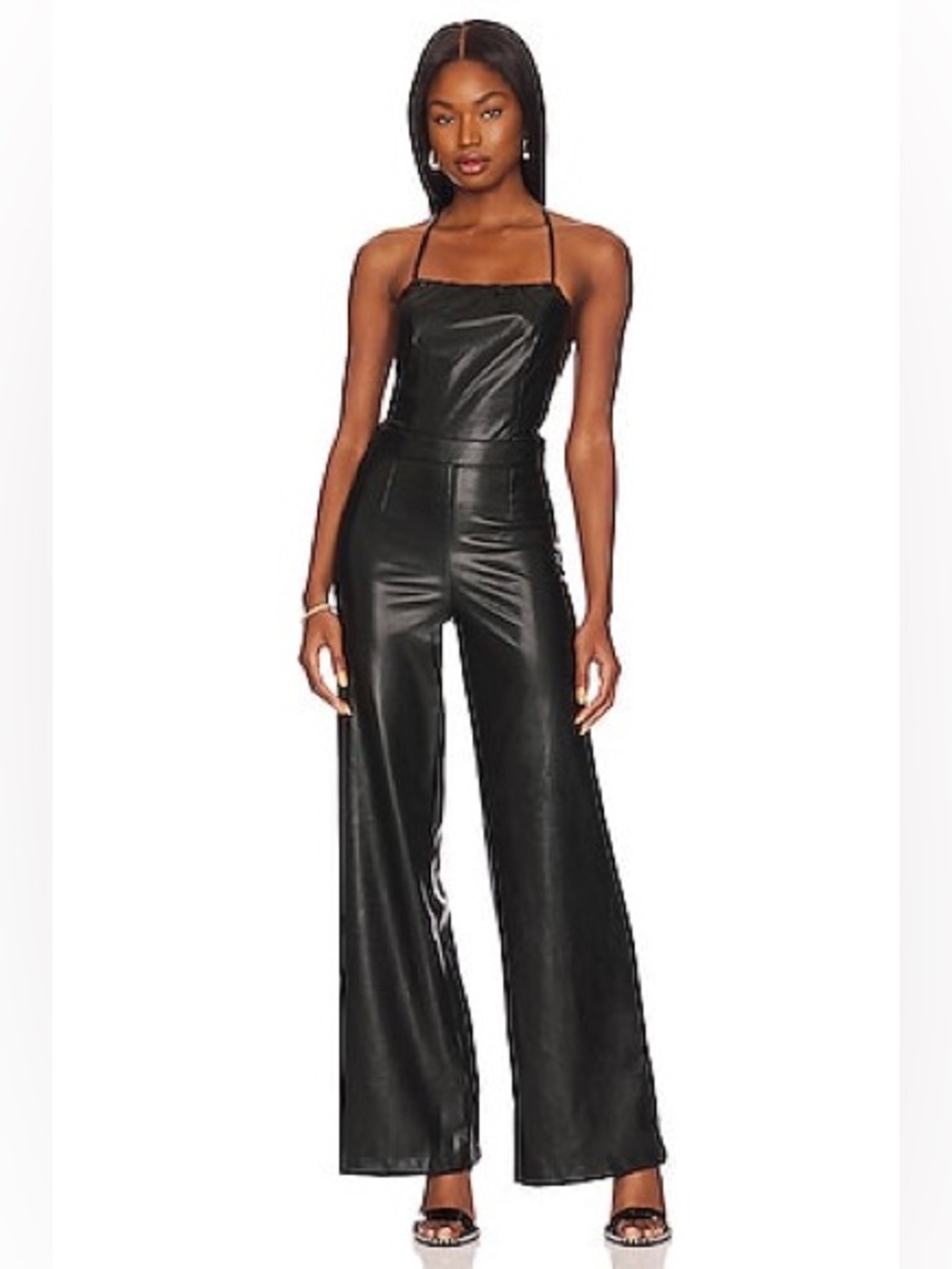 GOOD AMERICAN Vacay Faux
Leather Jumpsuit Black Strappy Back Top 2 M Pants Sexy - Picture 5 of 14